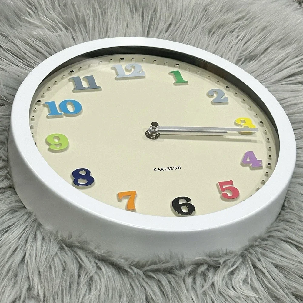 Vintage Karlsson Rainbow Colored Numbers Wall Clock Cream Face WhiteMetal Casing